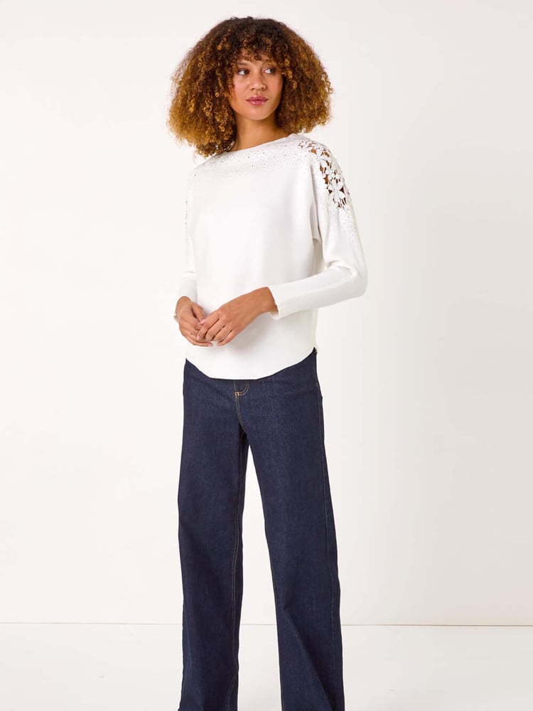 Roman White Curve Contrast Embellished Knit Jumper - Image 2 of 5