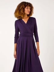 Roman Purple Mock Wrap V-Neck Stretch Midi Dress - Image 2 of 5