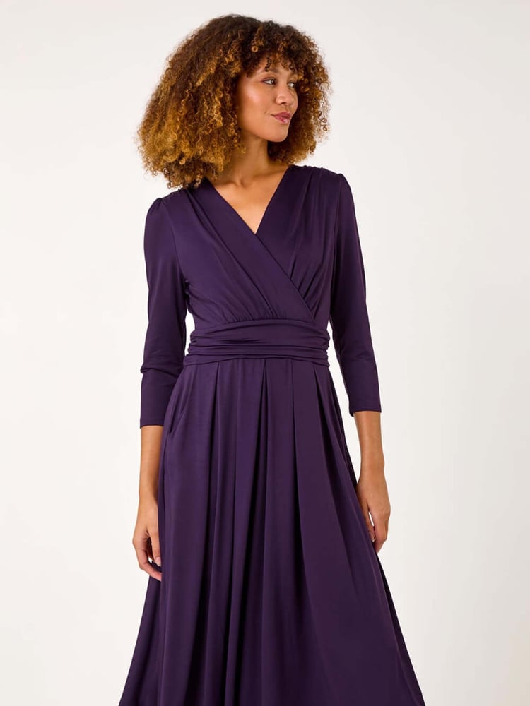 Roman Purple Mock Wrap V-Neck Stretch Midi Dress - Image 2 of 5