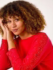 Roman Red Shimmer Sleeve Embellish Knit Jumper - Image 1 of 5