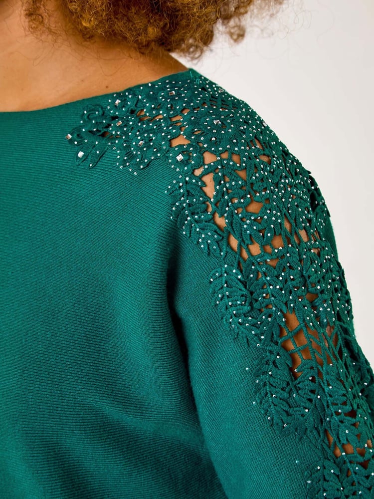 Roman Green Contrast Sleeve Trim Knit Jumper - Image 5 of 5