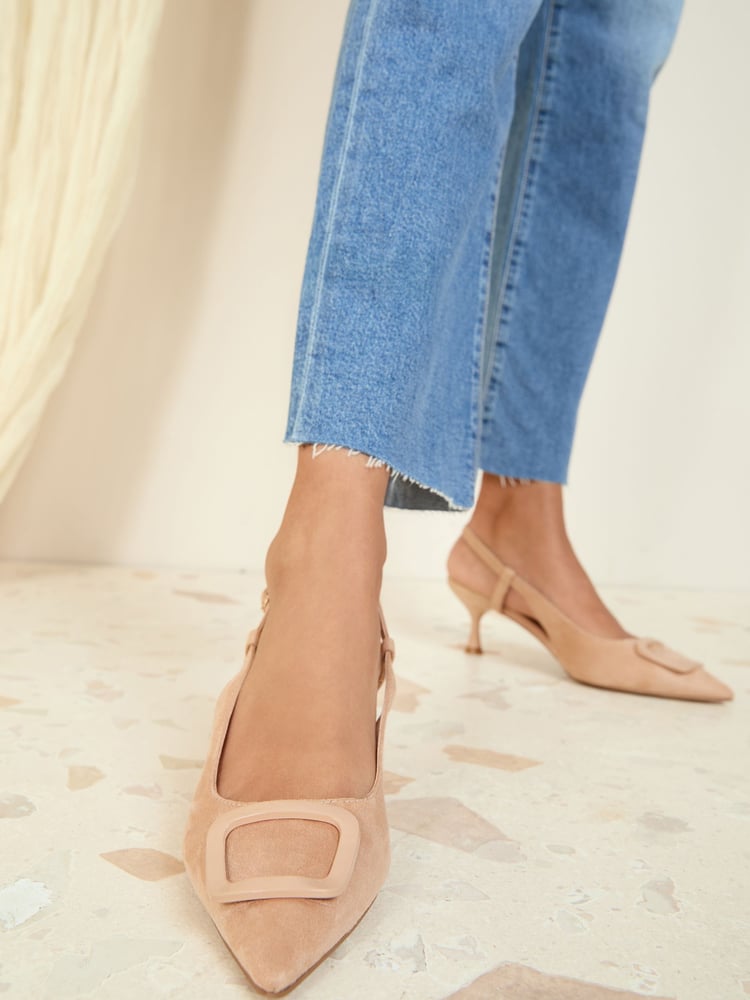 Friends Like These Nude Buckle Slingback Kitten Heel Faux Suede Court Shoes - Image 1 of 5