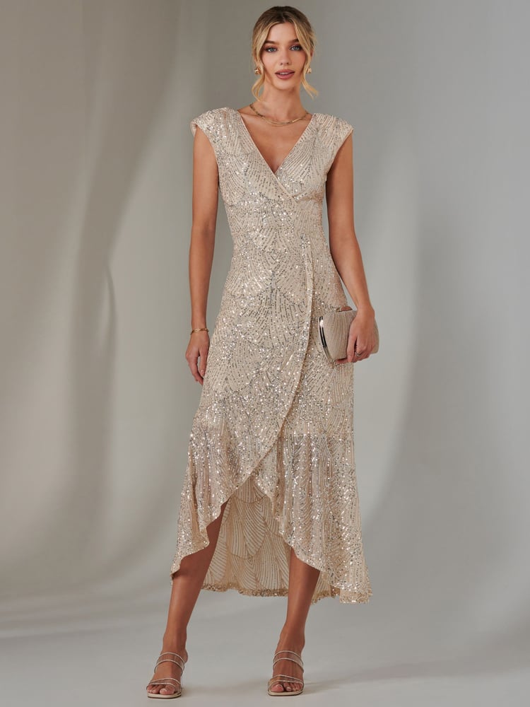 Jolie Moi Silver Sequin Ruffle Hem Maxi Dress - Image 1 of 6