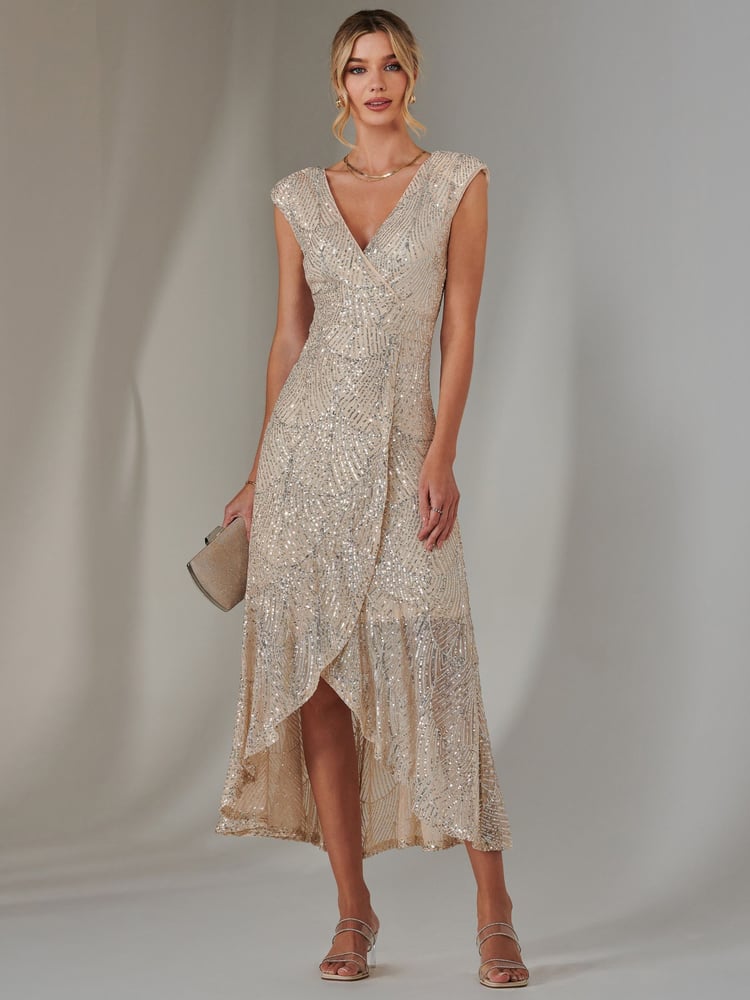 Jolie Moi Silver Sequin Ruffle Hem Maxi Dress - Image 6 of 6