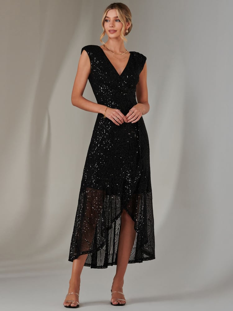Jolie Moi Black Sequin Ruffle Hem Maxi Dress - Image 1 of 6