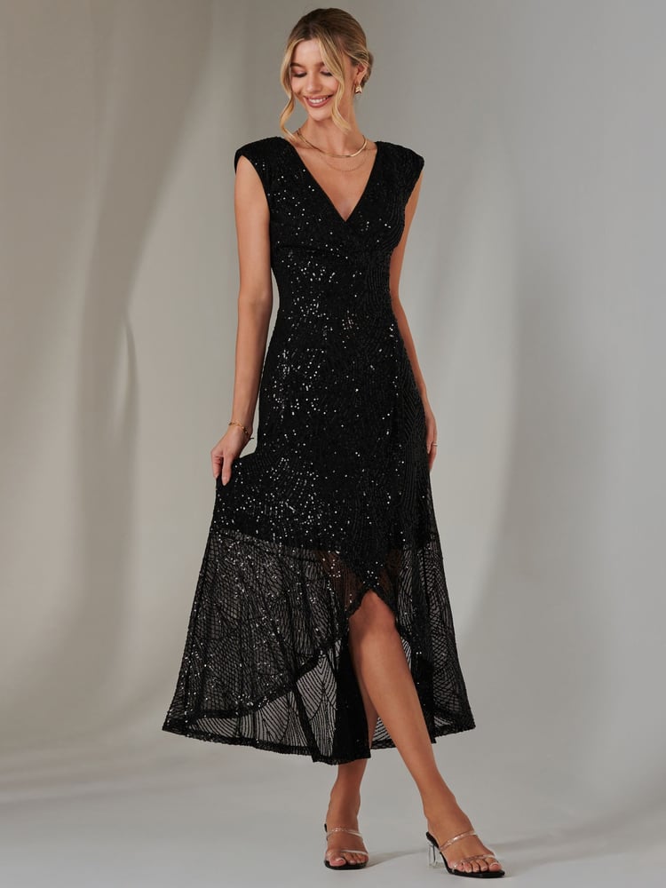 Jolie Moi Black Sequin Ruffle Hem Maxi Dress - Image 6 of 6