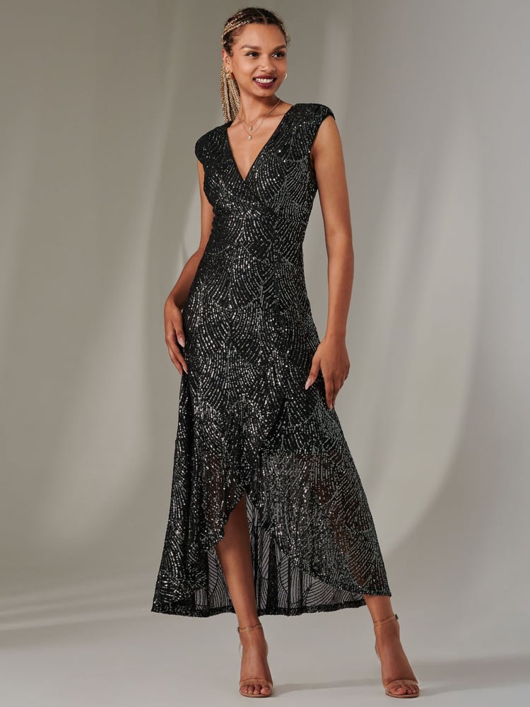 Jolie Moi Black/Dark Sequin Ruffle Hem Maxi Dress - Image 1 of 6