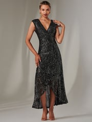 Jolie Moi Black/Dark Sequin Ruffle Hem Maxi Dress - Image 5 of 6