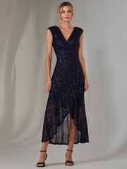 Jolie Moi 70s Blue Sequin Ruffle Hem Maxi Dress - Image 1 of 6