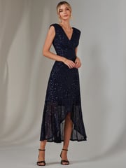 Jolie Moi 70s Blue Sequin Ruffle Hem Maxi Dress - Image 6 of 6