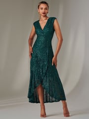 Jolie Moi Green Sequin Ruffle Hem Maxi Dress - Image 1 of 6