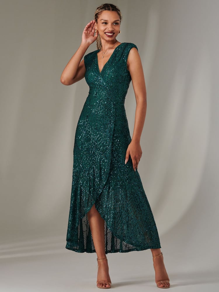 Jolie Moi Green Sequin Ruffle Hem Maxi Dress - Image 6 of 6