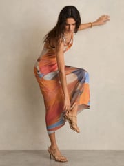 Reiss Coral Layla Sunset Print Sleeveless Slip Dress - Image 6 of 7