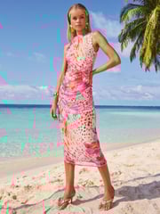 Lipsy Pink Orchid Printed Sleeveless Ruched Mesh Midi Dress - Image 2 of 5