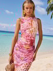 Lipsy Pink Orchid Printed Sleeveless Ruched Mesh Midi Dress - Image 3 of 5