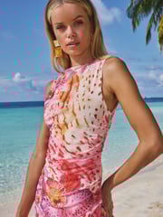 Lipsy Pink Orchid Printed Sleeveless Ruched Mesh Midi Dress - Image 4 of 5