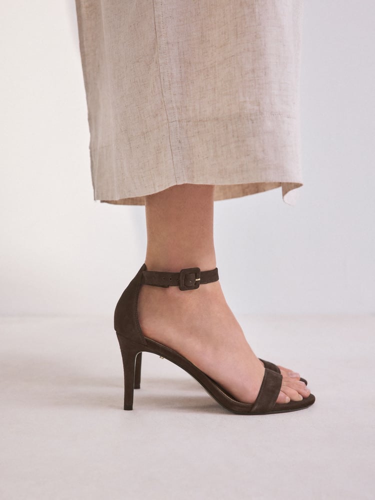Chocolate Brown Signature Premium Leather Round Toe Buckle Detail Mid Simple Sandals - Image 1 of 11