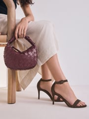 Chocolate Brown Signature Premium Leather Round Toe Buckle Detail Mid Simple Sandals - Image 2 of 11