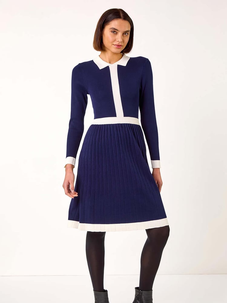 Roman Blue Contrast Collar Knitted Dress - Image 1 of 5