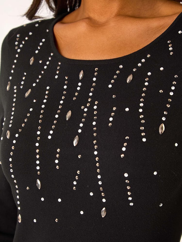 Roman Black Diamante Detail Knitted Dress - Image 5 of 5
