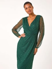 Roman Green Embellished V-Neck Wrap Dress - Image 2 of 5