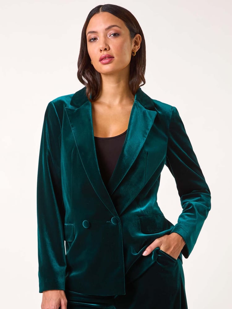 Roman Green Velvet Double Breasted Blazer - Image 1 of 5