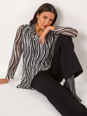 Roman Black Wavy Linear Print Cowl Neck Tunic - Image 1 of 5