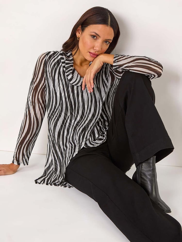 Roman Black Wavy Linear Print Cowl Neck Tunic - Image 1 of 5