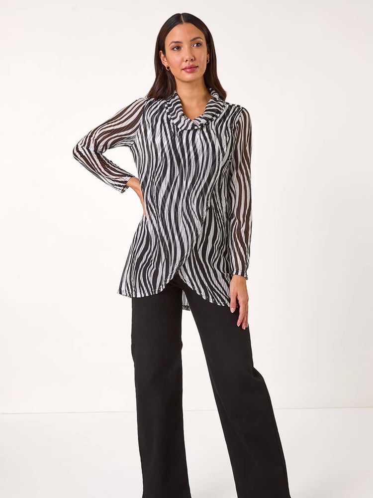 Roman Black Wavy Linear Print Cowl Neck Tunic - Image 2 of 5