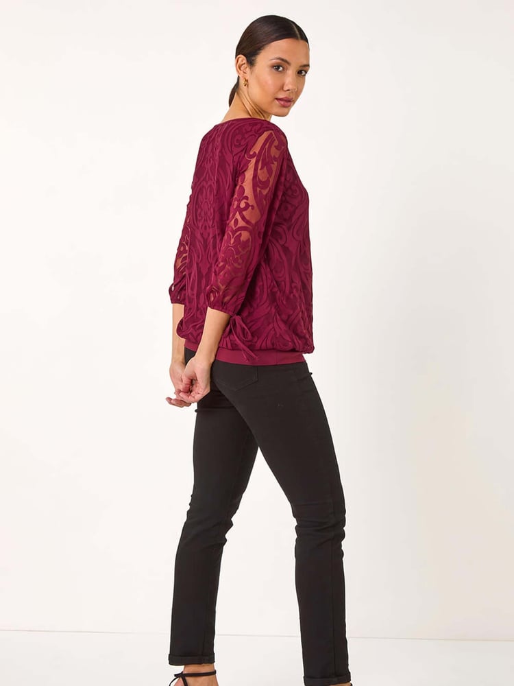 Roman Purple Burnout Print V-Neck Overlay Mesh Top - Image 2 of 5