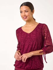 Roman Purple Burnout Print V-Neck Overlay Mesh Top - Image 3 of 5
