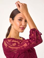Roman Purple Burnout Print V-Neck Overlay Mesh Top - Image 4 of 5