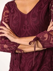 Roman Purple Burnout Print V-Neck Overlay Mesh Top - Image 5 of 5