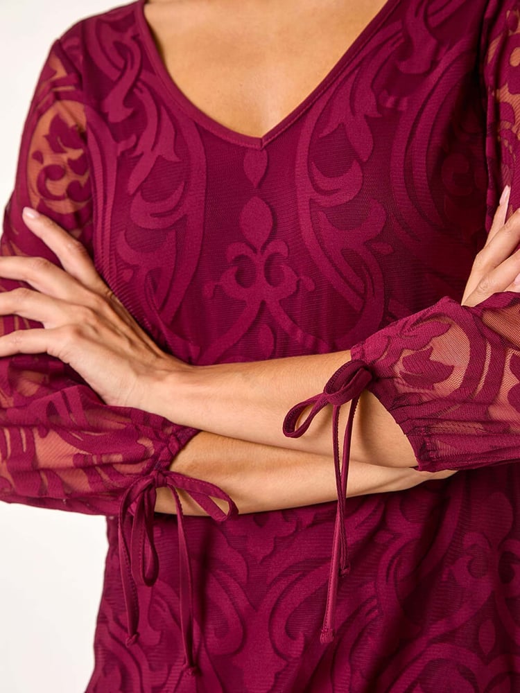 Roman Purple Burnout Print V-Neck Overlay Mesh Top - Image 5 of 5
