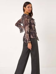 Roman Metallic Print Frill Front Plisse Top - Image 3 of 5