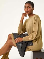Roman Yellow Shimmer Slash Neck Jumper Dress - Image 1 of 6