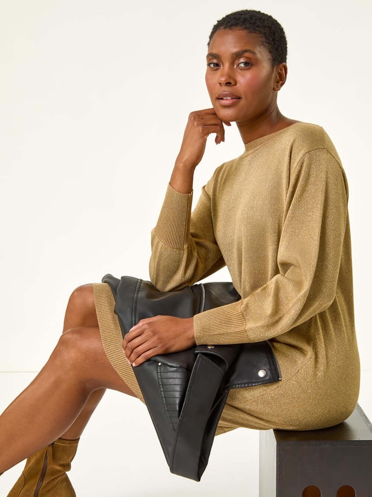 Roman Yellow Shimmer Slash Neck Jumper Dress - Image 1 of 6
