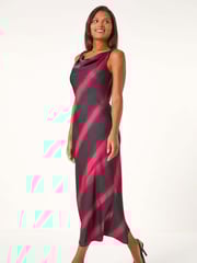 Roman Black Stripe Print Satin Twist Strap Midi Dress - Image 1 of 6