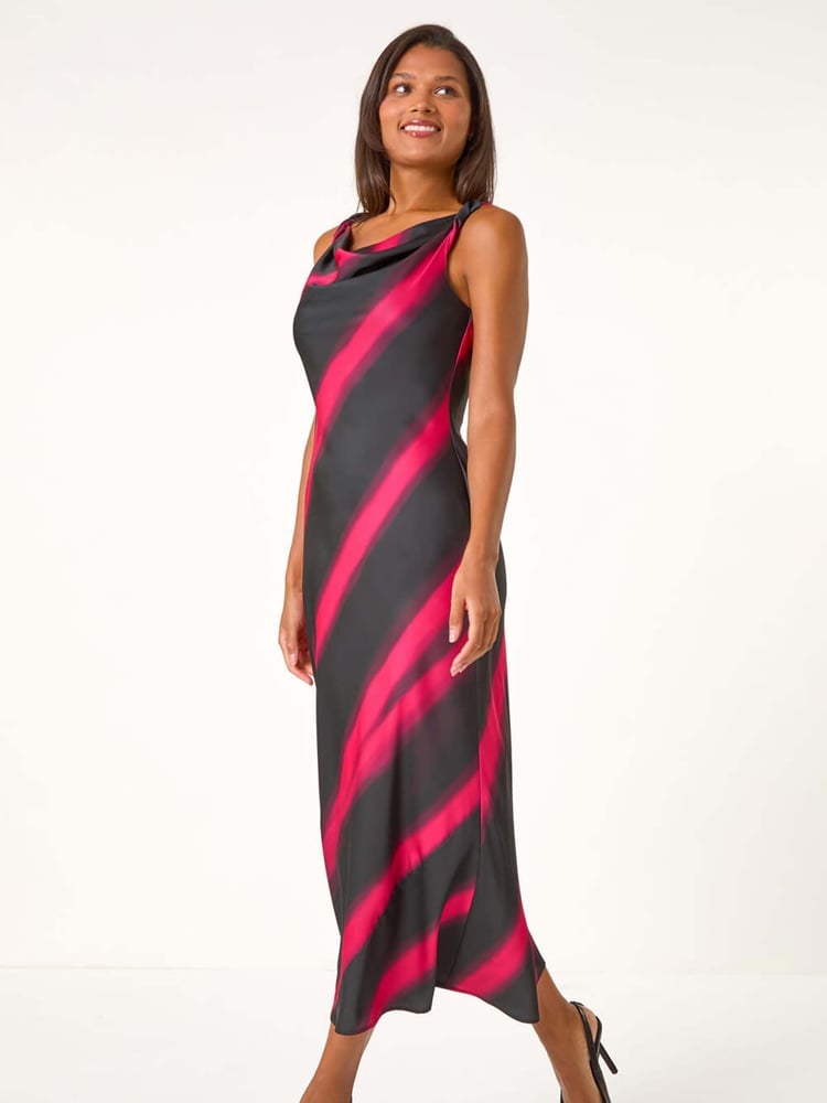 Roman Black Stripe Print Satin Twist Strap Midi Dress - Image 1 of 6