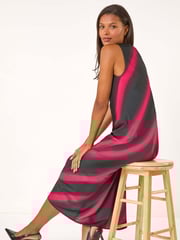 Roman Black Stripe Print Satin Twist Strap Midi Dress - Image 3 of 6