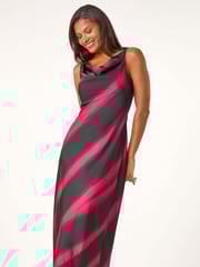 Roman Black Stripe Print Satin Twist Strap Midi Dress - Image 5 of 6