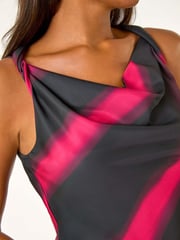 Roman Black Stripe Print Satin Twist Strap Midi Dress - Image 6 of 6