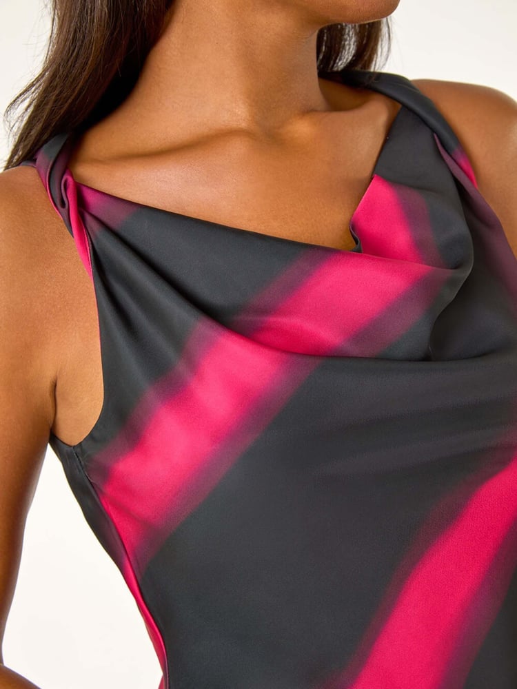 Roman Black Stripe Print Satin Twist Strap Midi Dress - Image 6 of 6