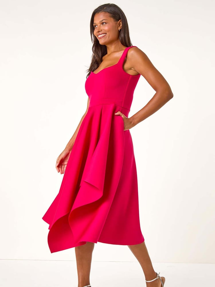 Roman Pink Asymmetric Flared Hem Midi Dress - Image 1 of 5