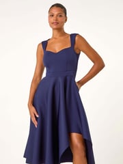 Roman Blue Asymmetric Flared Hem Midi Dress - Image 1 of 6