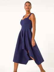 Roman Blue Asymmetric Flared Hem Midi Dress - Image 3 of 6