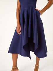 Roman Blue Asymmetric Flared Hem Midi Dress - Image 6 of 6