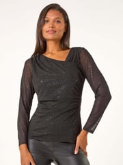 Roman Black Asymmetric Neck Sparkle Mesh Stretch Top - Image 1 of 4