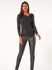 Roman Black Asymmetric Neck Sparkle Mesh Stretch Top - Image 3 of 4