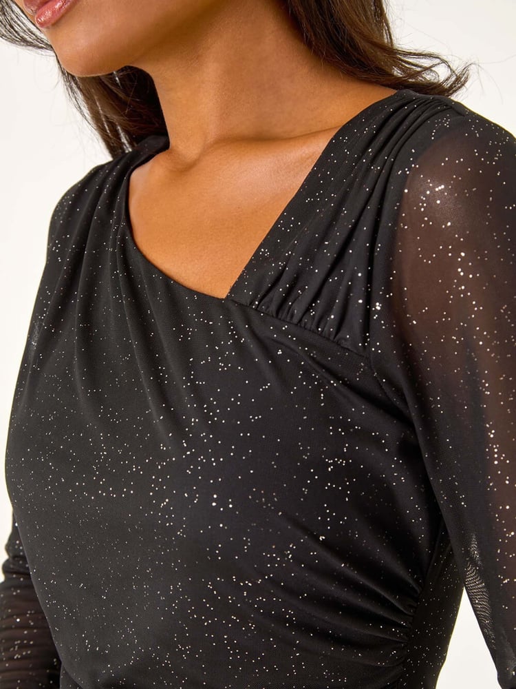 Roman Black Asymmetric Neck Sparkle Mesh Stretch Top - Image 4 of 4
